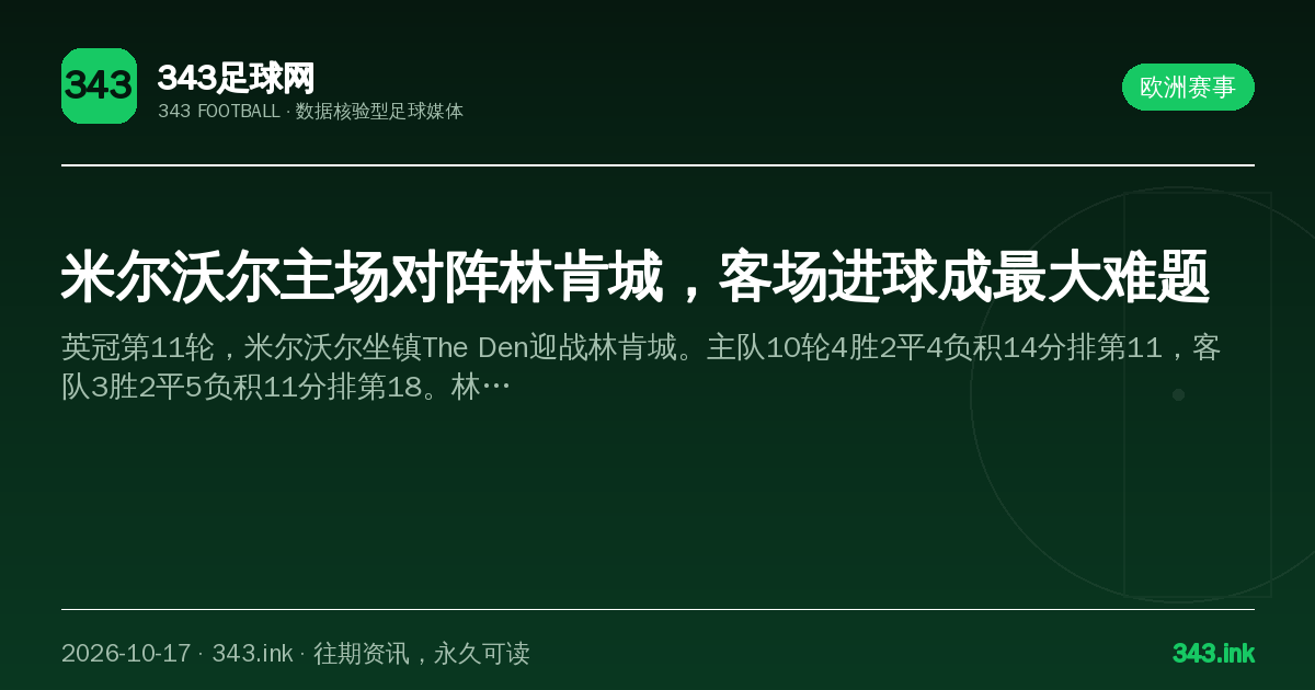 米尔沃尔主场对阵林肯城，客场进球成最大难题（数据卡）