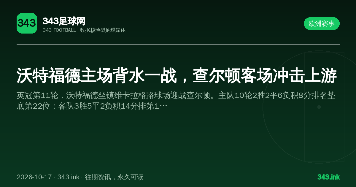 沃特福德主场背水一战，查尔顿客场冲击上游（数据卡）