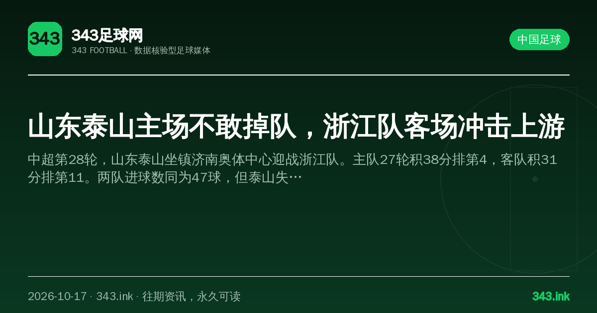 山东泰山主场不敢掉队，浙江队客场冲击上游（数据卡）