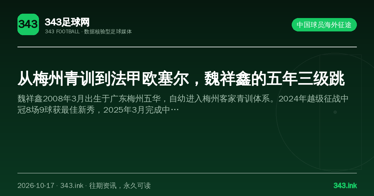 从梅州青训到法甲欧塞尔，魏祥鑫的五年三级跳（数据卡）