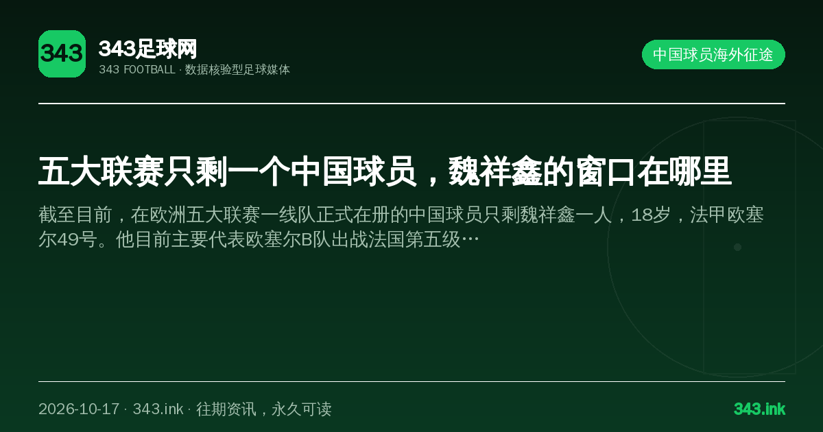 五大联赛只剩一个中国球员，魏祥鑫的窗口在哪里（数据卡）