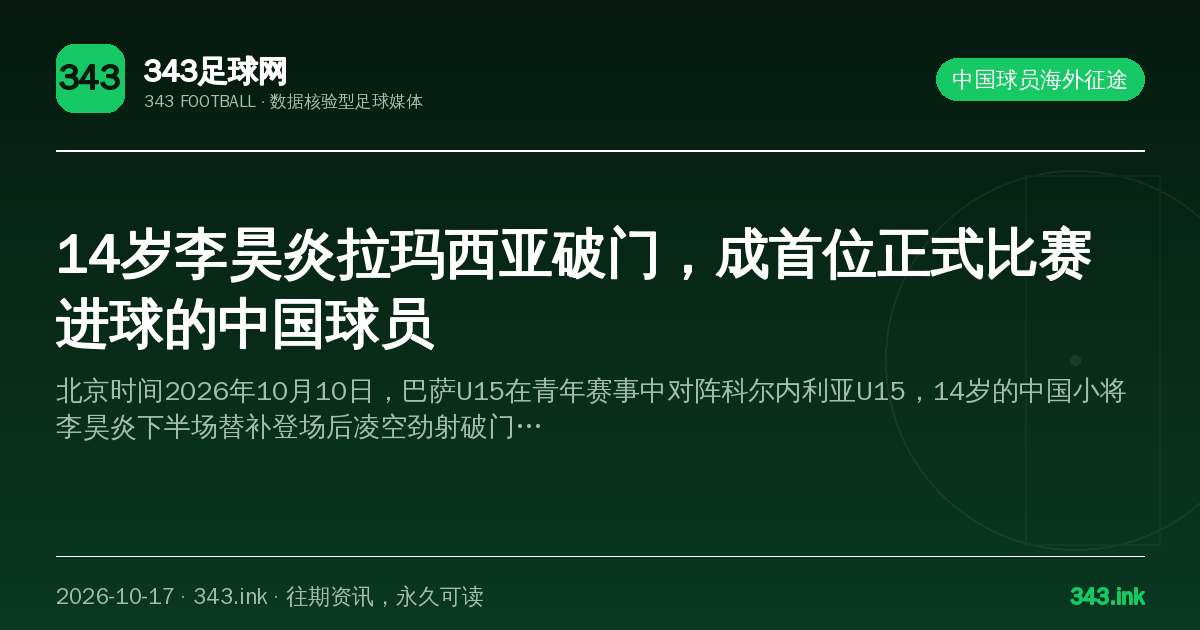 14岁李昊炎拉玛西亚破门，成首位正式比赛进球的中国球员（数据卡）