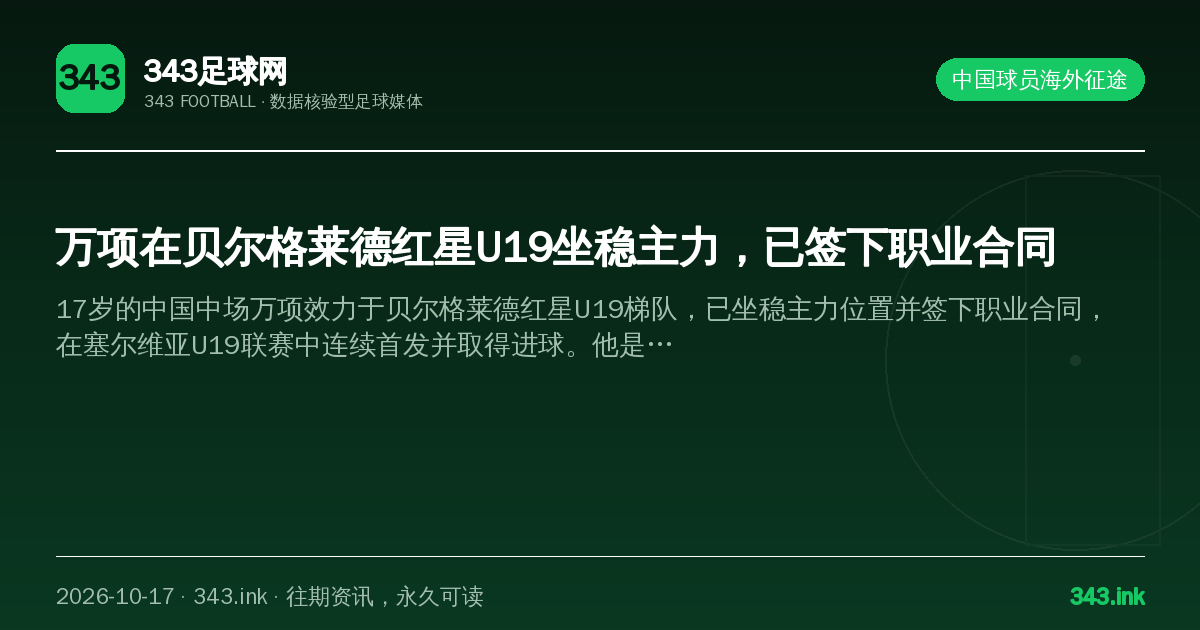 万项在贝尔格莱德红星U19坐稳主力，已签下职业合同（数据卡）