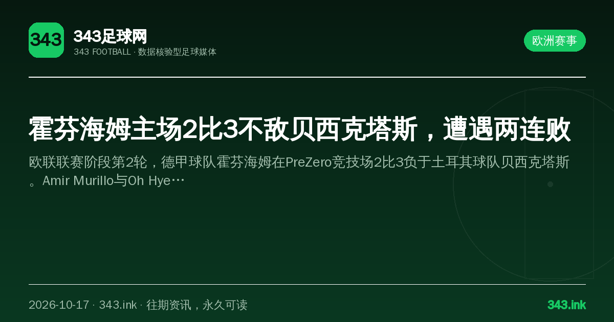 霍芬海姆主场2比3不敌贝西克塔斯，遭遇两连败（数据卡）