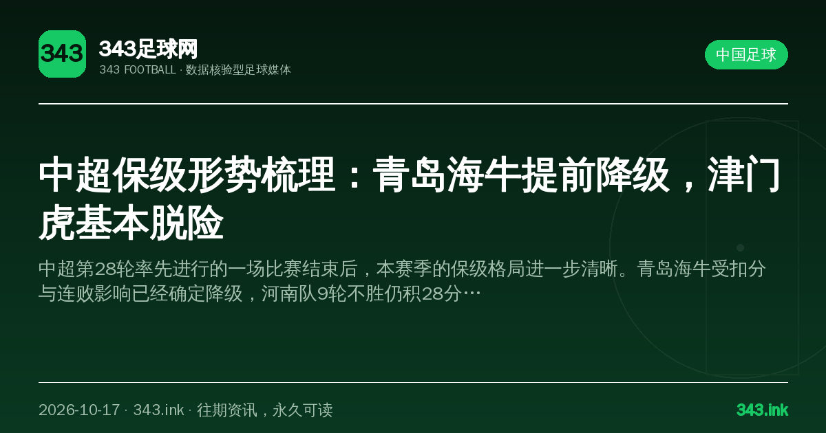 中超保级形势梳理：青岛海牛提前降级，津门虎基本脱险（数据卡）