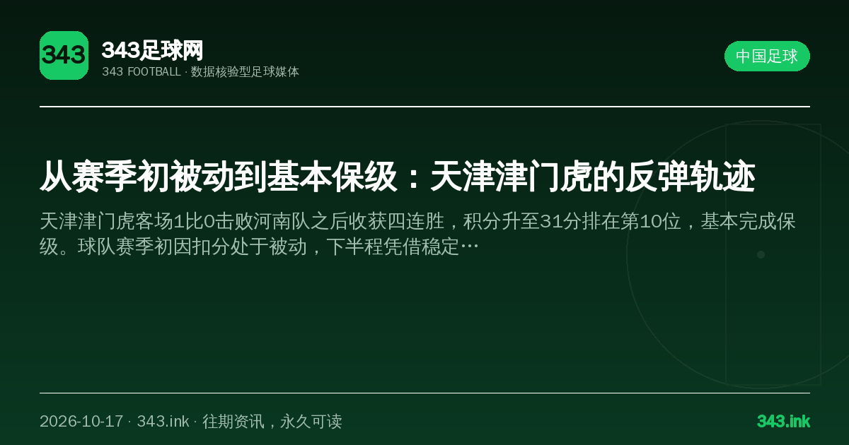 从赛季初被动到基本保级：天津津门虎的反弹轨迹（数据卡）