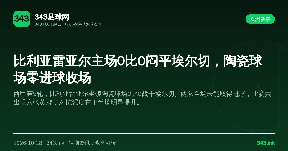 比利亚雷亚尔主场0比0闷平埃尔切，陶瓷球场零进球收场（数据卡）