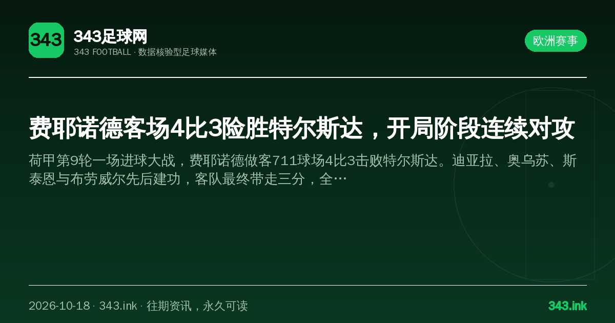 费耶诺德客场4比3险胜特尔斯达，开局阶段连续对攻（数据卡）