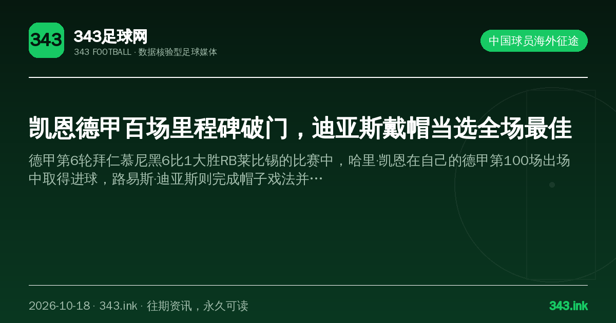 凯恩德甲百场里程碑破门，迪亚斯戴帽当选全场最佳（数据卡）