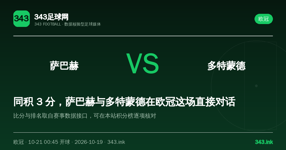 萨巴赫主场迎战多特蒙德，欧冠焦点战看点梳理｜343足球网数据卡